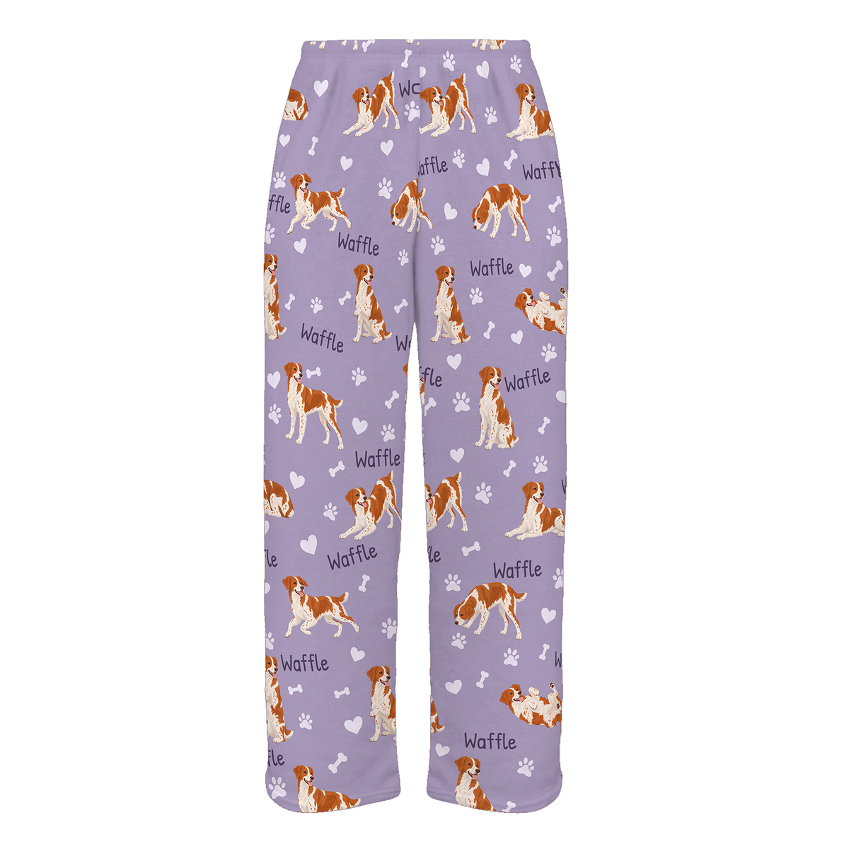 Personalized Brittany Pajama Pants, Custom Pet Name Fleece Trousers, Dog Lover Gift — Soft Lavender full-trouser mockup