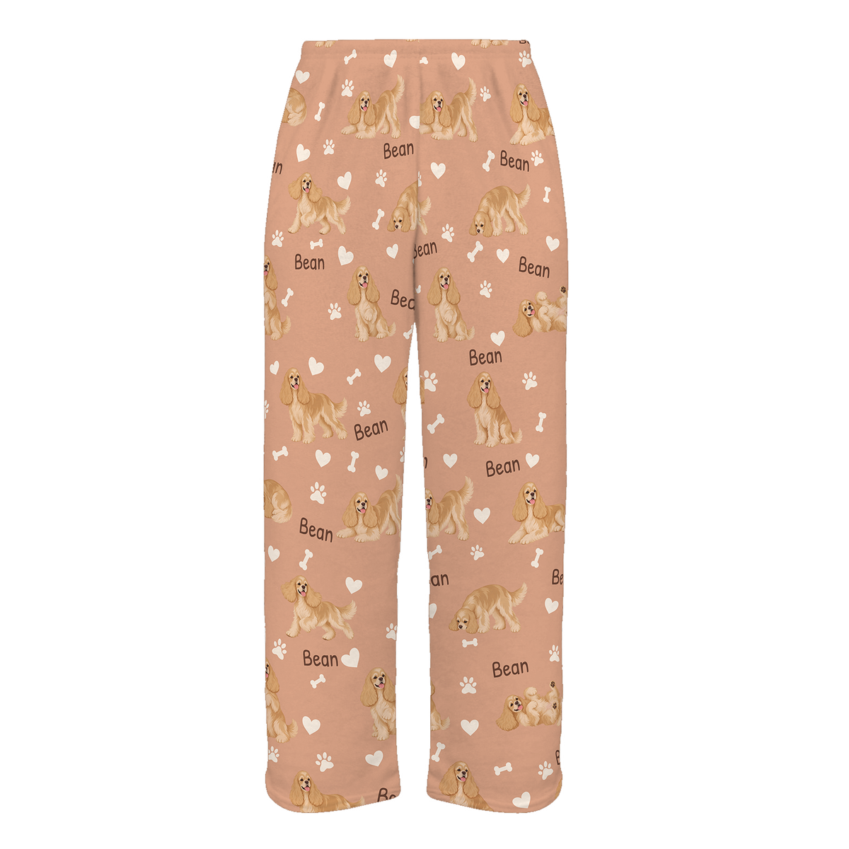 Personalized Cocker Spaniel Pajama Pants, Custom Pet Name Fleece Trousers, Dog Lover Gift — Peach full-trouser mockup
