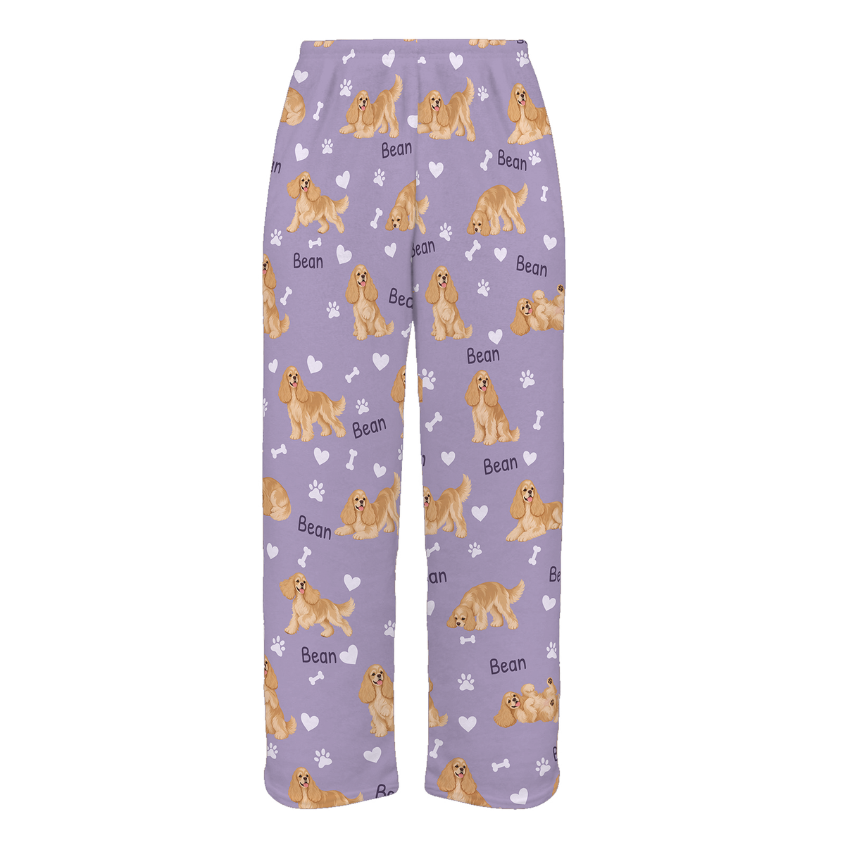 Personalized Cocker Spaniel Pajama Pants, Custom Pet Name Fleece Trousers, Dog Lover Gift — Soft Lavender full-trouser mockup