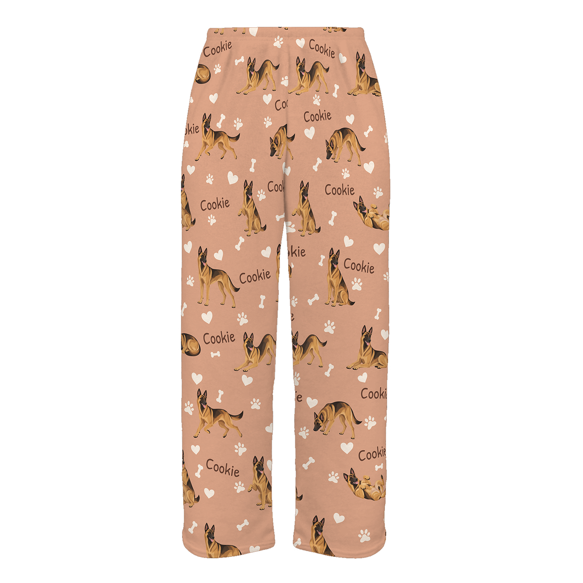 Personalized Belgian Malinois Pajama Pants, Custom Pet Name Fleece Trousers, Dog Lover Gift — Peach full-trouser mockup