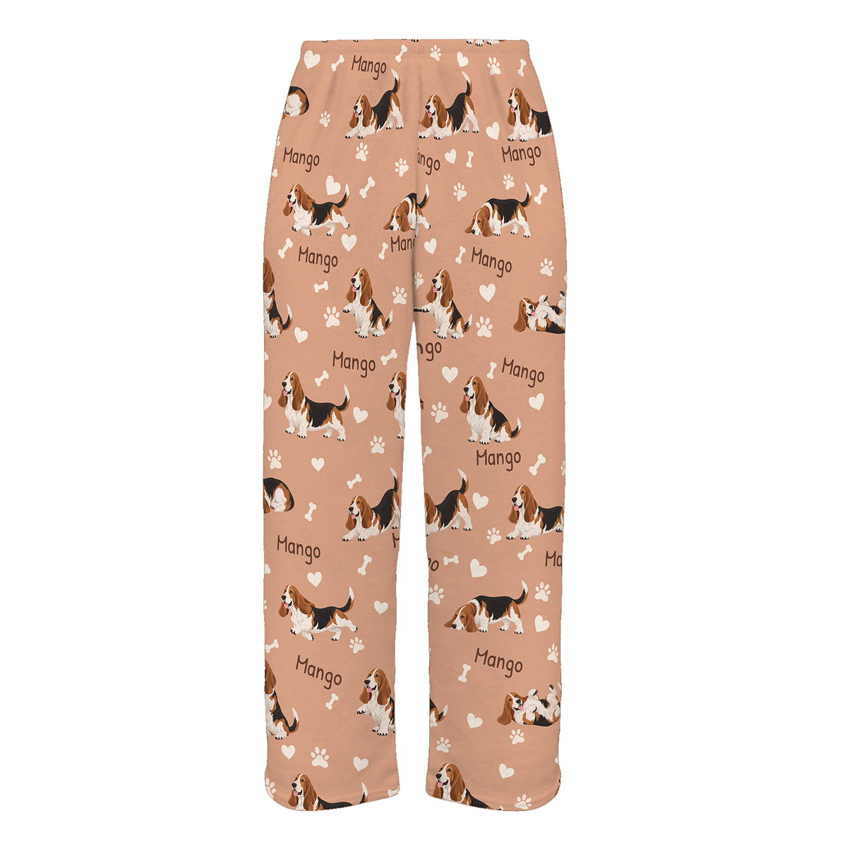Personalized Basset Hound Pajama Pants, Custom Pet Name Fleece Trousers, Dog Lover Gift — Peach full-trouser mockup