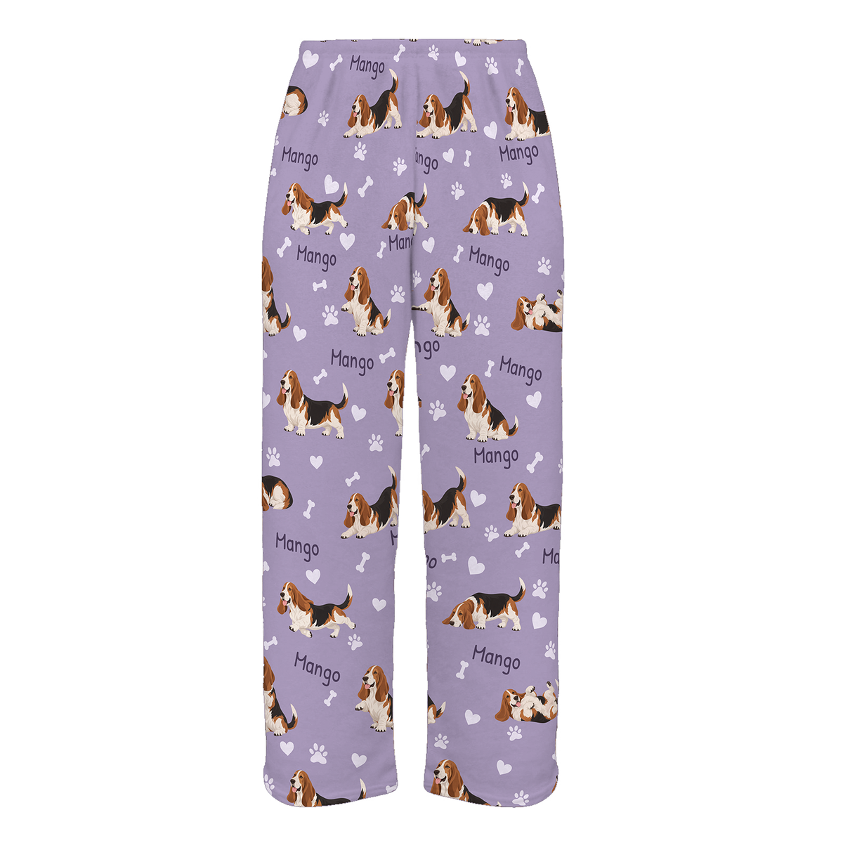 Personalized Basset Hound Pajama Pants, Custom Pet Name Fleece Trousers, Dog Lover Gift — Soft Lavender full-trouser mockup