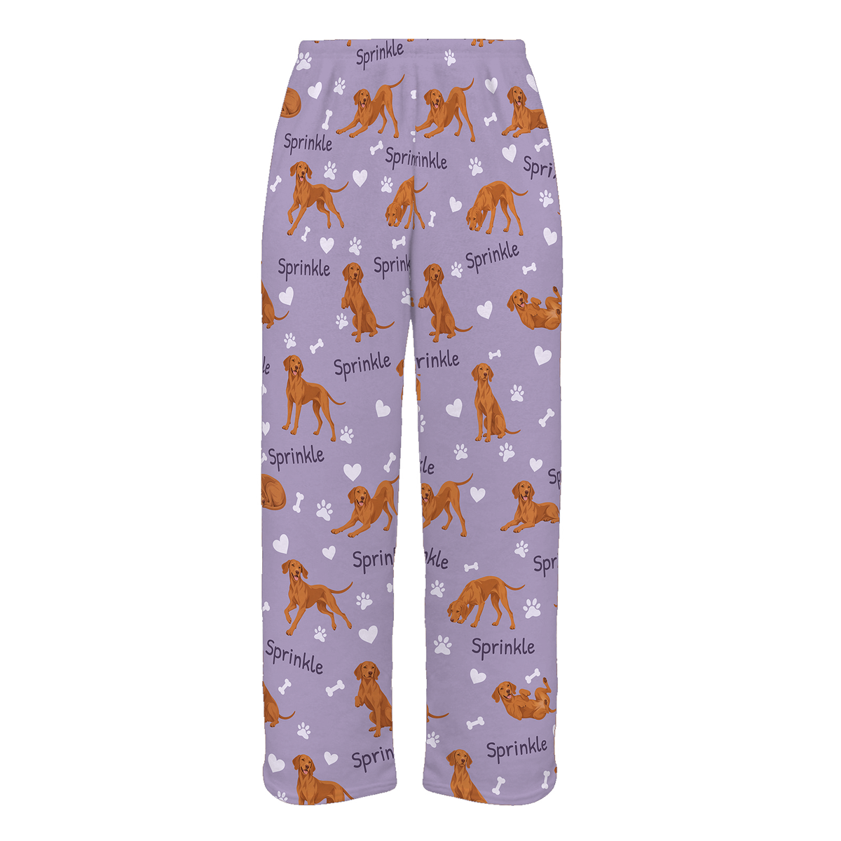 Personalized Vizsla Pajama Pants, Custom Pet Name Fleece Trousers, Dog Lover Gift — Soft Lavender full-trouser mockup