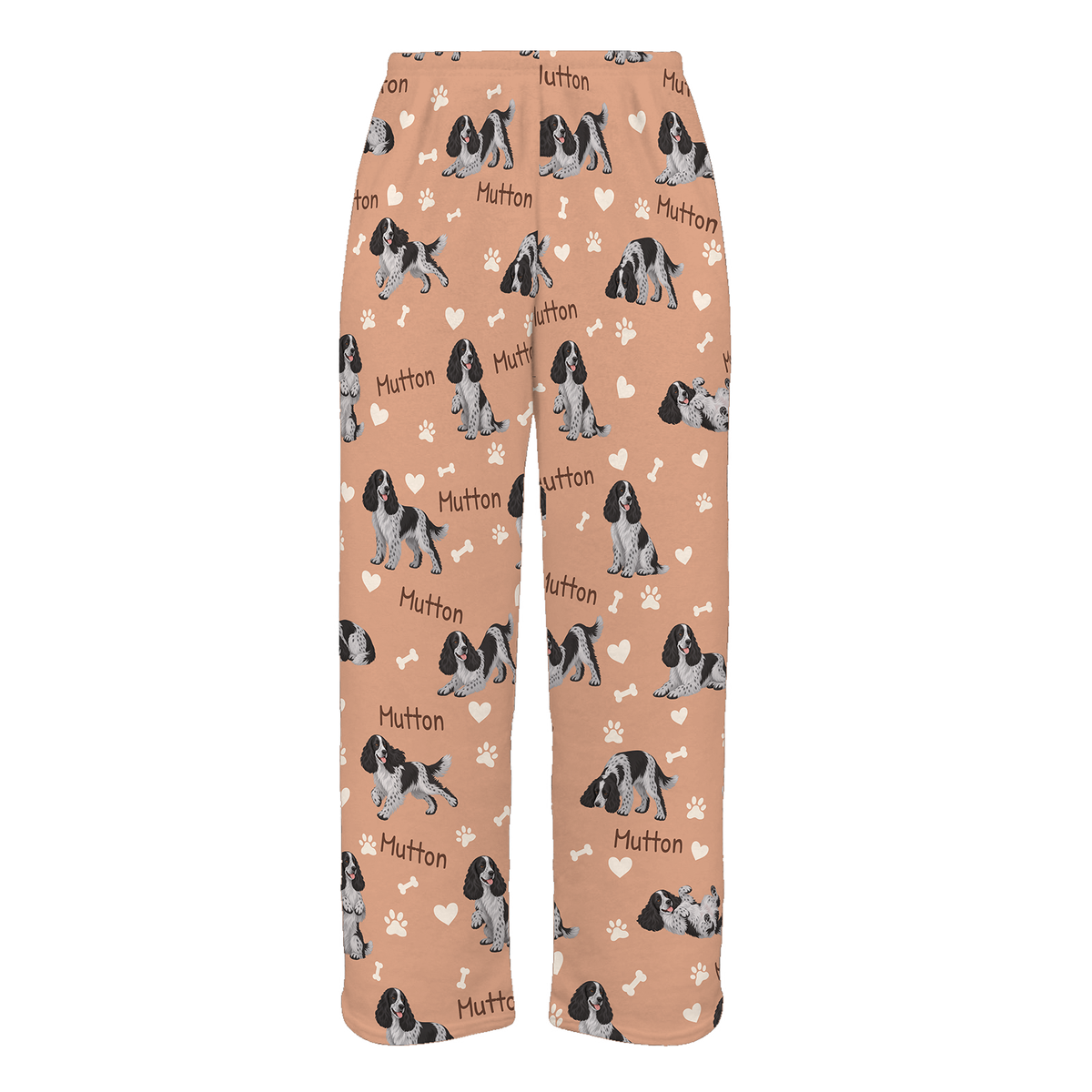 Personalized English Cocker Spaniel Pajama Pants, Custom Pet Name Fleece Trousers, Dog Lover Gift — Peach full-trouser mockup