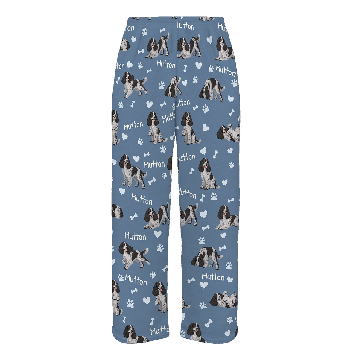 Personalized English Cocker Spaniel Pajama Pants, Custom Pet Name Fleece Trousers, Dog Lover Gift — Slate Blue full-trouser mockup