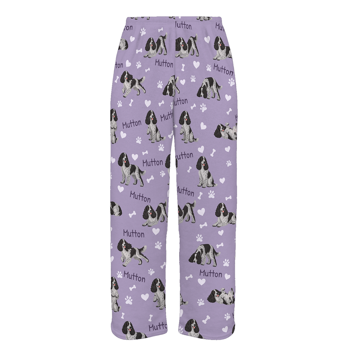 Personalized English Cocker Spaniel Pajama Pants, Custom Pet Name Fleece Trousers, Dog Lover Gift — Soft Lavender full-trouser mockup