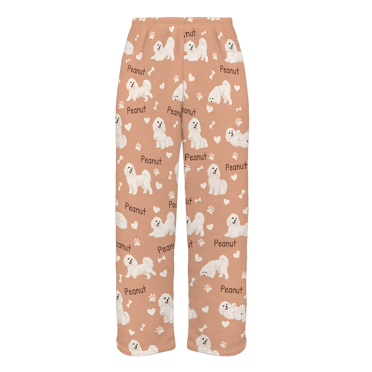 Personalized Maltese Pajama Pants, Custom Pet Name Fleece Trousers, Dog Lover Gift — Peach full-trouser mockup