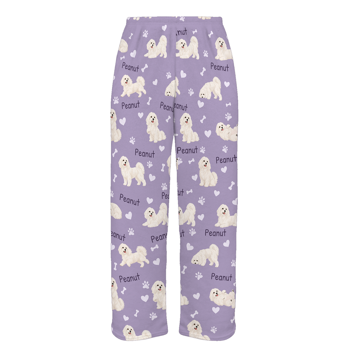 Personalized Maltese Pajama Pants, Custom Pet Name Fleece Trousers, Dog Lover Gift — Soft Lavender full-trouser mockup