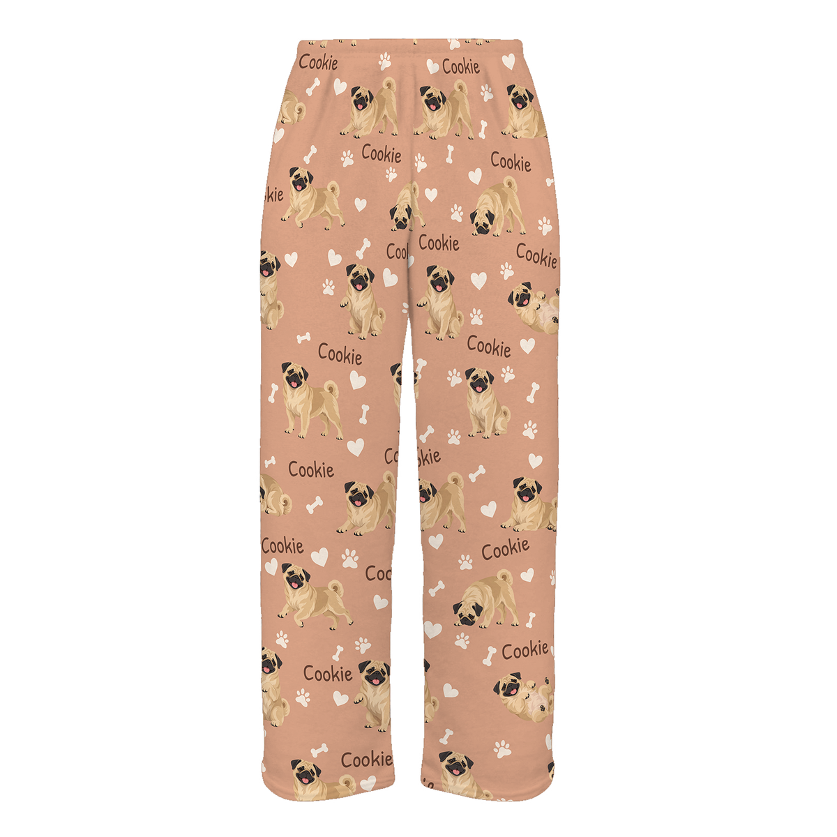 Personalized Pug Pajama Pants, Custom Pet Name Fleece Trousers, Dog Lover Gift — Peach full-trouser mockup