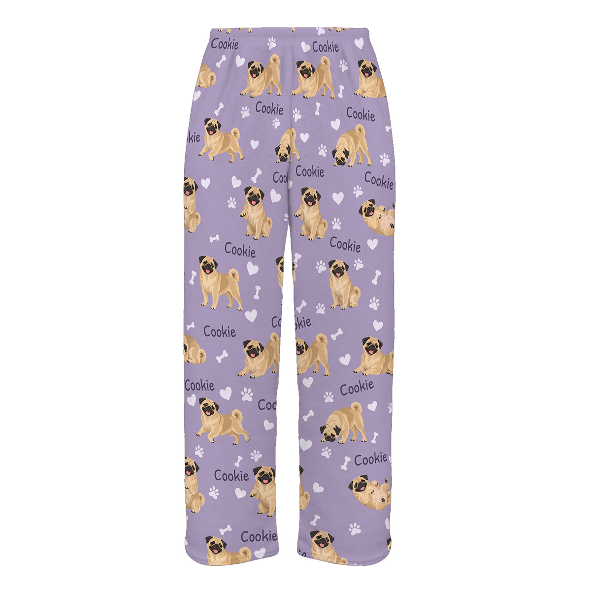 Personalized Pug Pajama Pants, Custom Pet Name Fleece Trousers, Dog Lover Gift — Soft Lavender full-trouser mockup