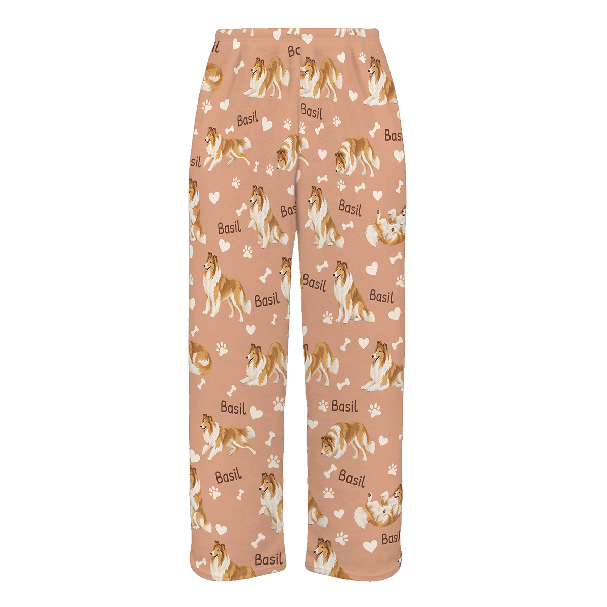 Personalized Collie Pajama Pants, Custom Pet Name Fleece Trousers, Dog Lover Gift — Peach full-trouser mockup