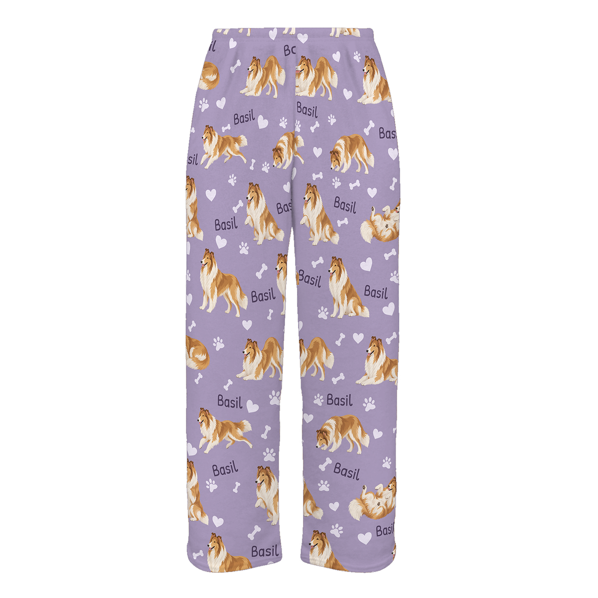 Personalized Collie Pajama Pants, Custom Pet Name Fleece Trousers, Dog Lover Gift — Soft Lavender full-trouser mockup