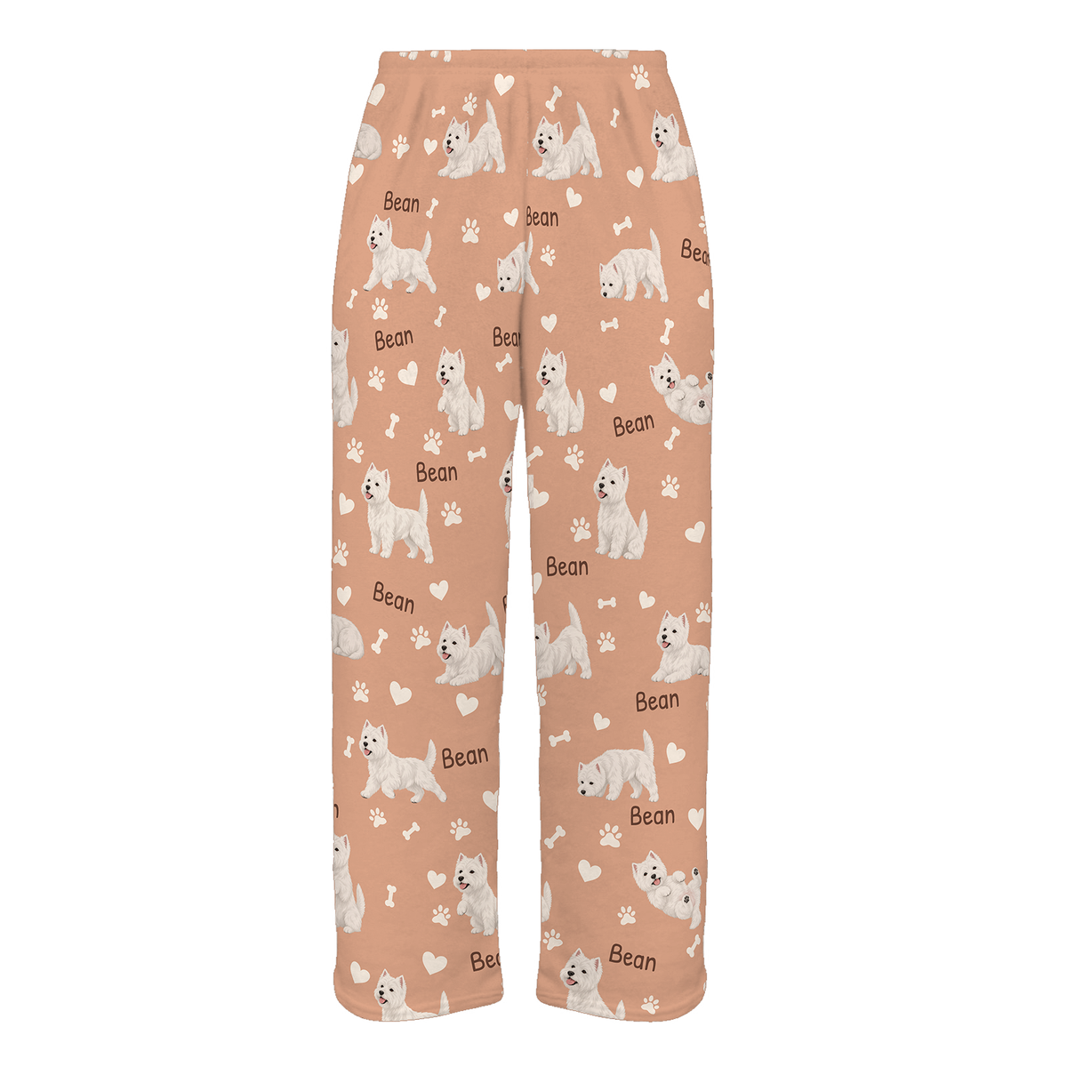 Personalized West Highland White Terrier Pajama Pants, Custom Pet Name Fleece Trousers, Dog Lover Gift — Peach full-trouser mockup