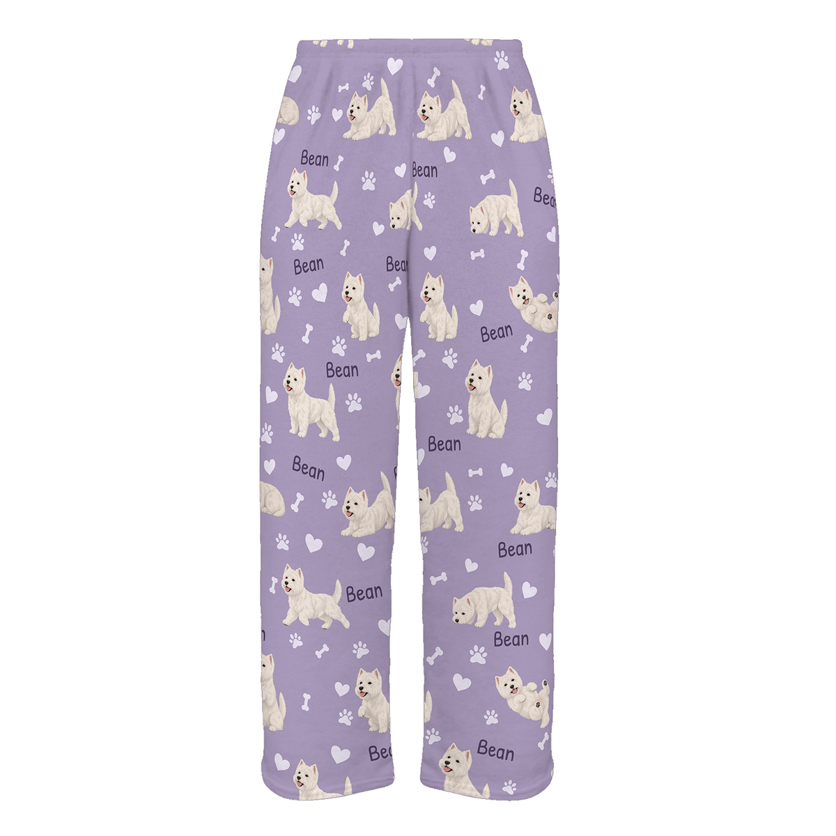 Personalized West Highland White Terrier Pajama Pants, Custom Pet Name Fleece Trousers, Dog Lover Gift — Soft Lavender full-trouser mockup
