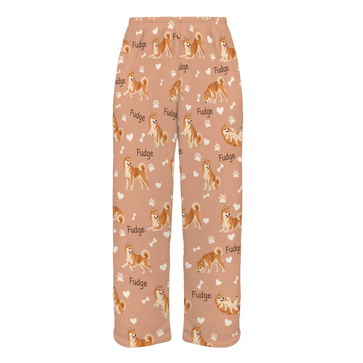 Personalized Shiba Inu Pajama Pants, Custom Pet Name Fleece Trousers, Dog Lover Gift — Peach full-trouser mockup