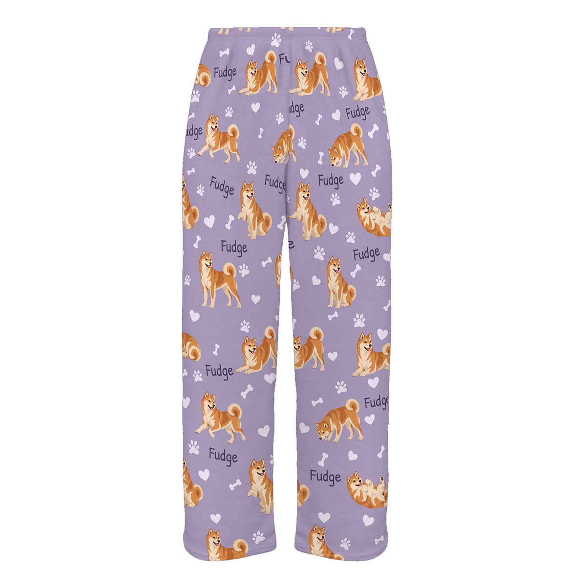 Personalized Shiba Inu Pajama Pants, Custom Pet Name Fleece Trousers, Dog Lover Gift — Soft Lavender full-trouser mockup