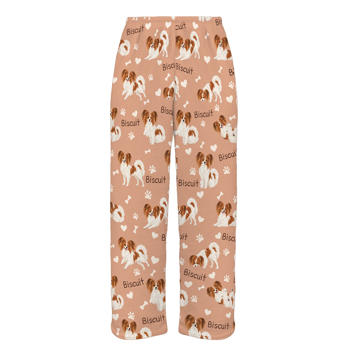 Personalized Papillon Pajama Pants, Custom Pet Name Fleece Trousers, Dog Lover Gift — Peach full-trouser mockup