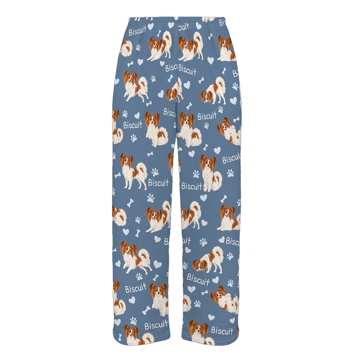 Personalized Papillon Pajama Pants, Custom Pet Name Fleece Trousers, Dog Lover Gift — Slate Blue full-trouser mockup