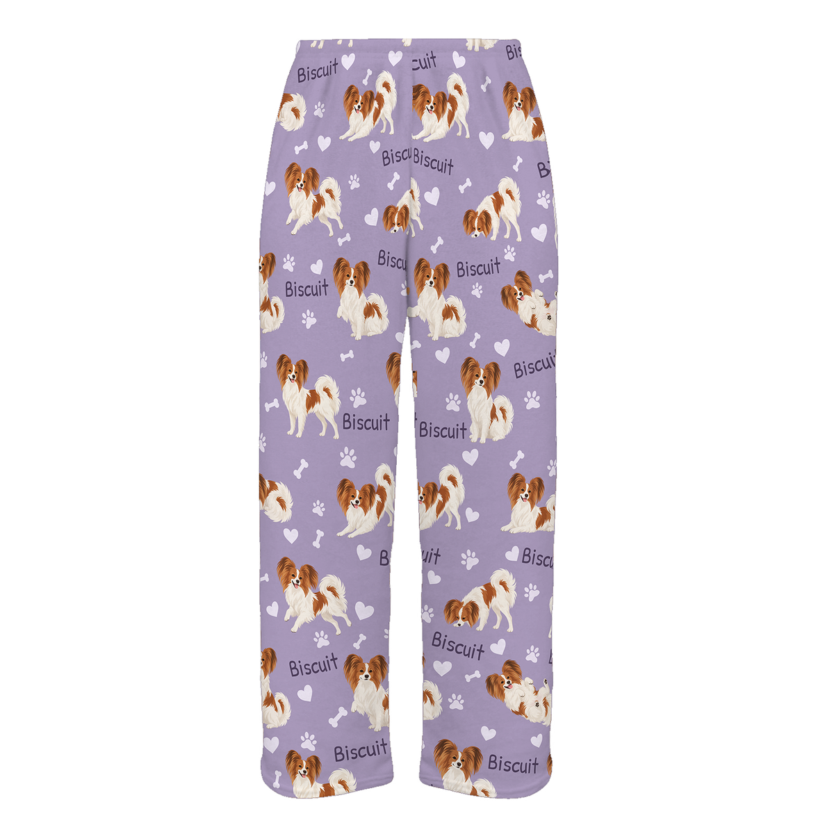 Personalized Papillon Pajama Pants, Custom Pet Name Fleece Trousers, Dog Lover Gift — Soft Lavender full-trouser mockup