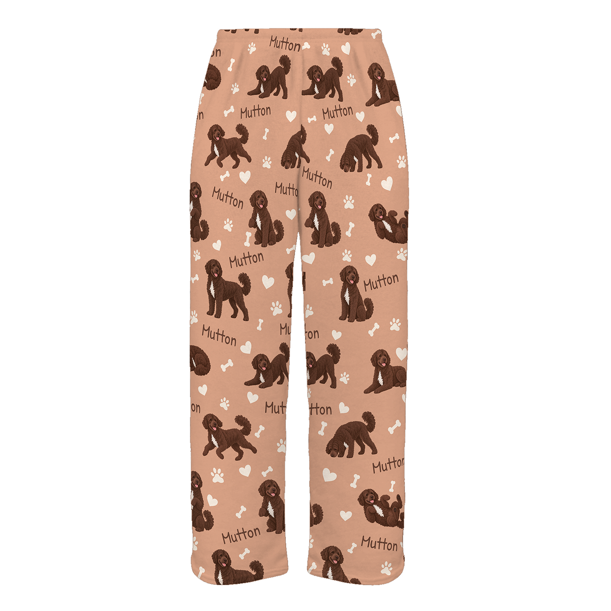 Personalized Portuguese Water Dog Pajama Pants, Custom Pet Name Fleece Trousers, Dog Lover Gift — Peach full-trouser mockup
