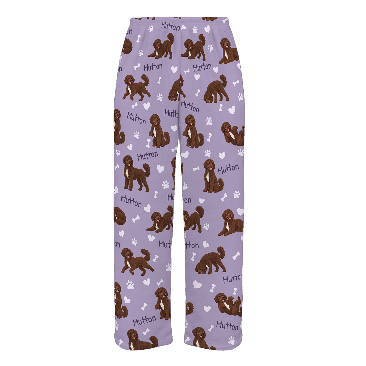 Personalized Portuguese Water Dog Pajama Pants, Custom Pet Name Fleece Trousers, Dog Lover Gift — Soft Lavender full-trouser mockup