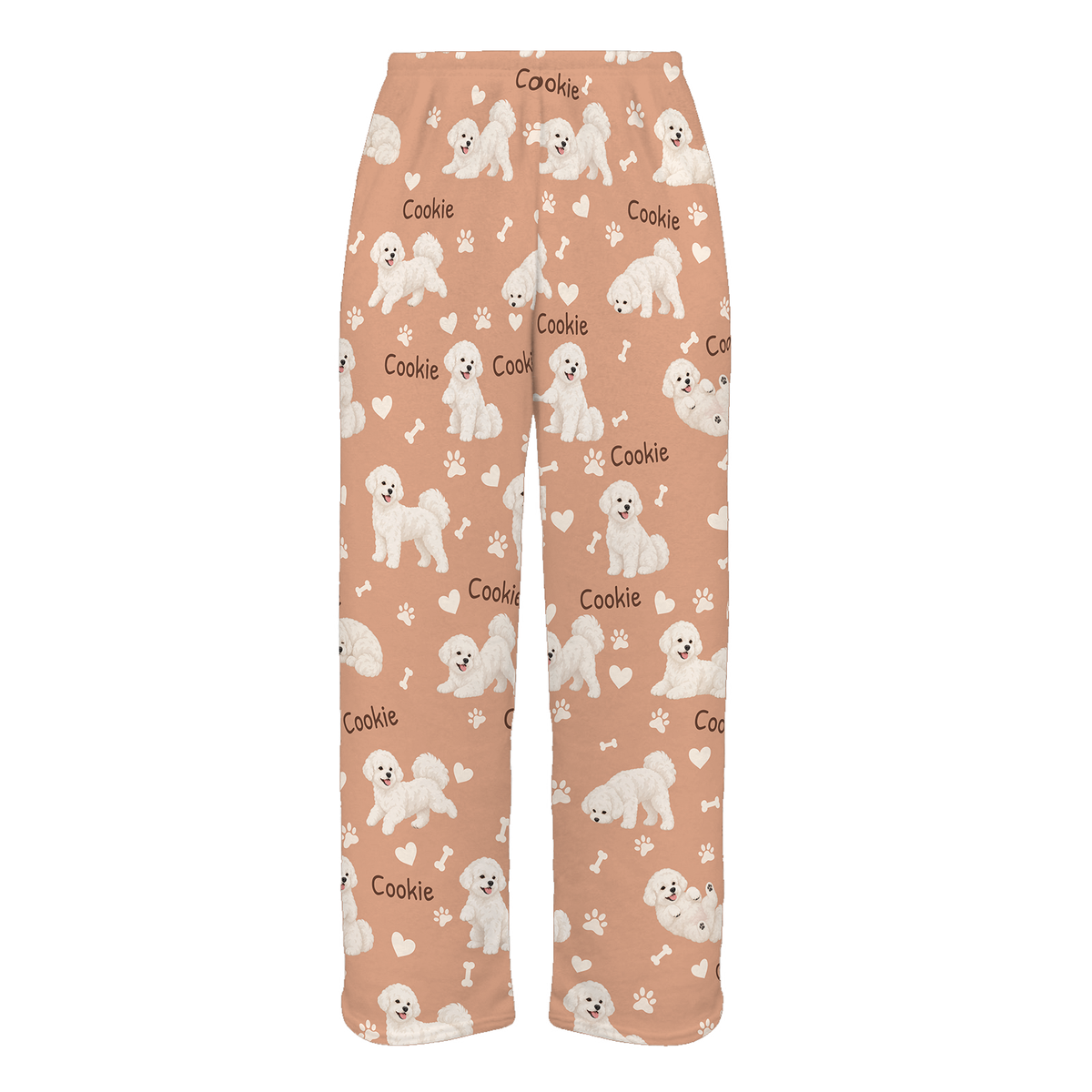 Personalized Bichon Frise Pajama Pants, Custom Pet Name Fleece Trousers, Dog Lover Gift — Peach full-trouser mockup
