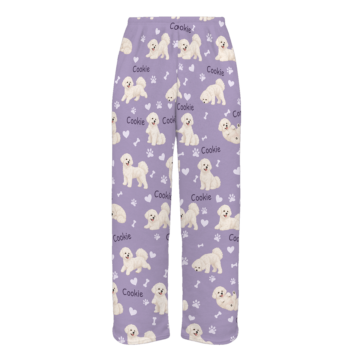 Personalized Bichon Frise Pajama Pants, Custom Pet Name Fleece Trousers, Dog Lover Gift — Soft Lavender full-trouser mockup