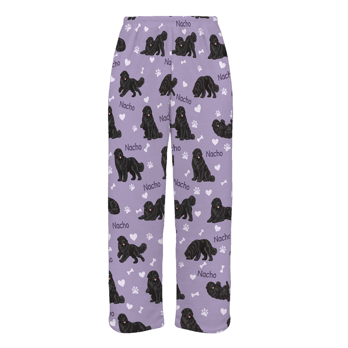 Personalized Newfoundland Pajama Pants, Custom Pet Name Fleece Trousers, Dog Lover Gift — Soft Lavender full-trouser mockup