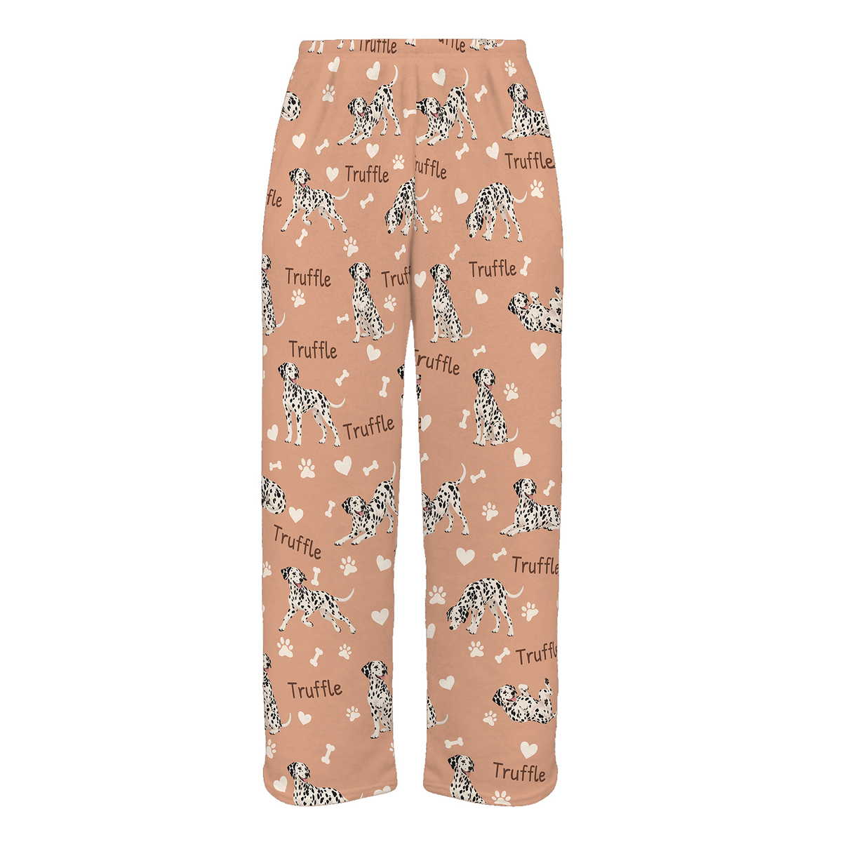 Personalized Dalmatian Pajama Pants, Custom Pet Name Fleece Trousers, Dog Lover Gift — Peach full-trouser mockup