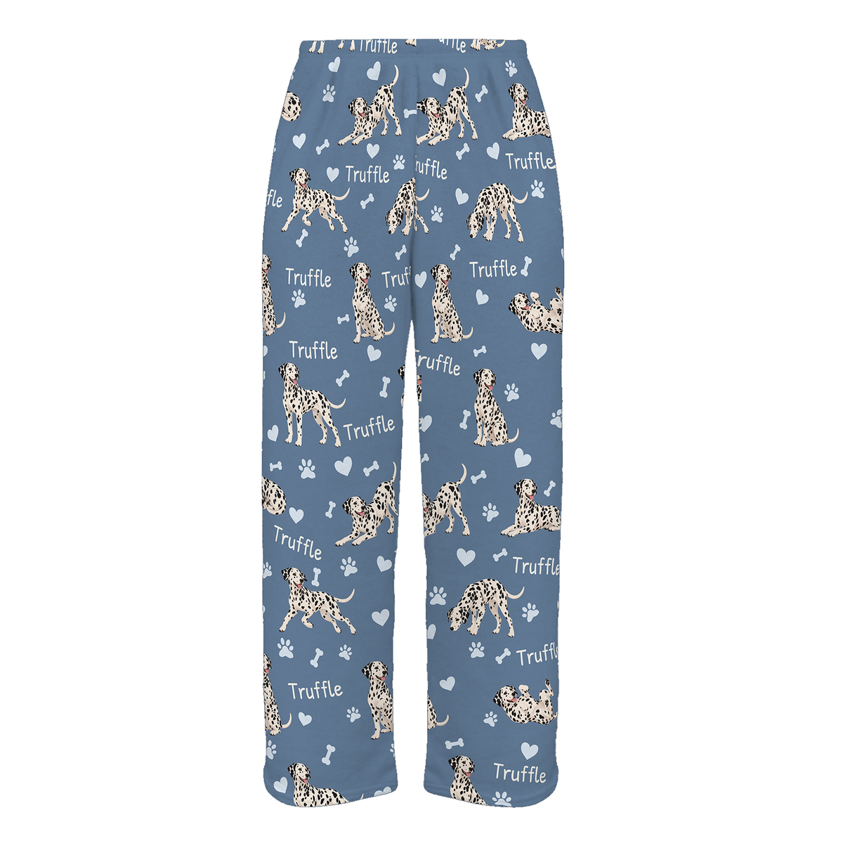 Personalized Dalmatian Pajama Pants, Custom Pet Name Fleece Trousers, Dog Lover Gift — Slate Blue full-trouser mockup