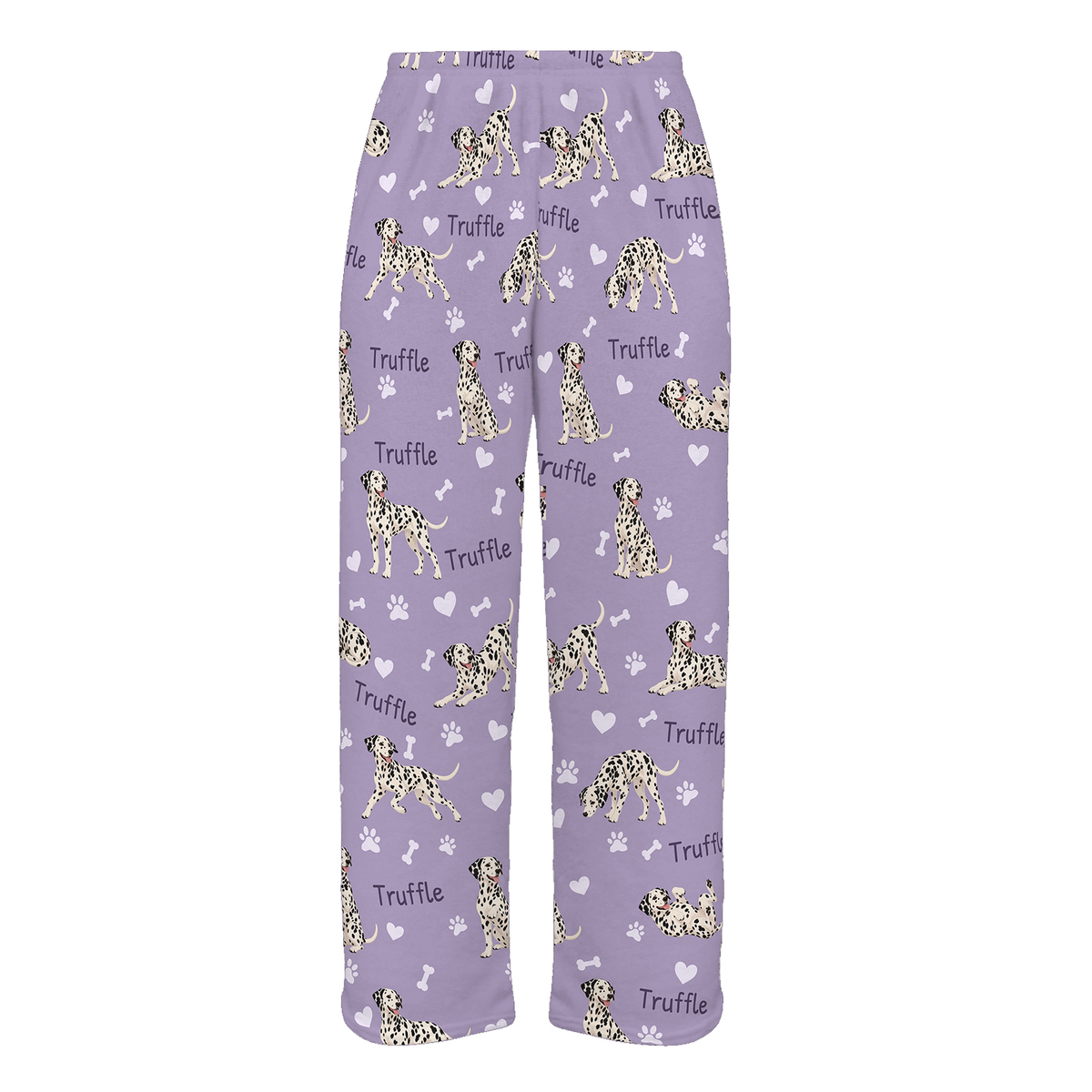 Personalized Dalmatian Pajama Pants, Custom Pet Name Fleece Trousers, Dog Lover Gift — Soft Lavender full-trouser mockup