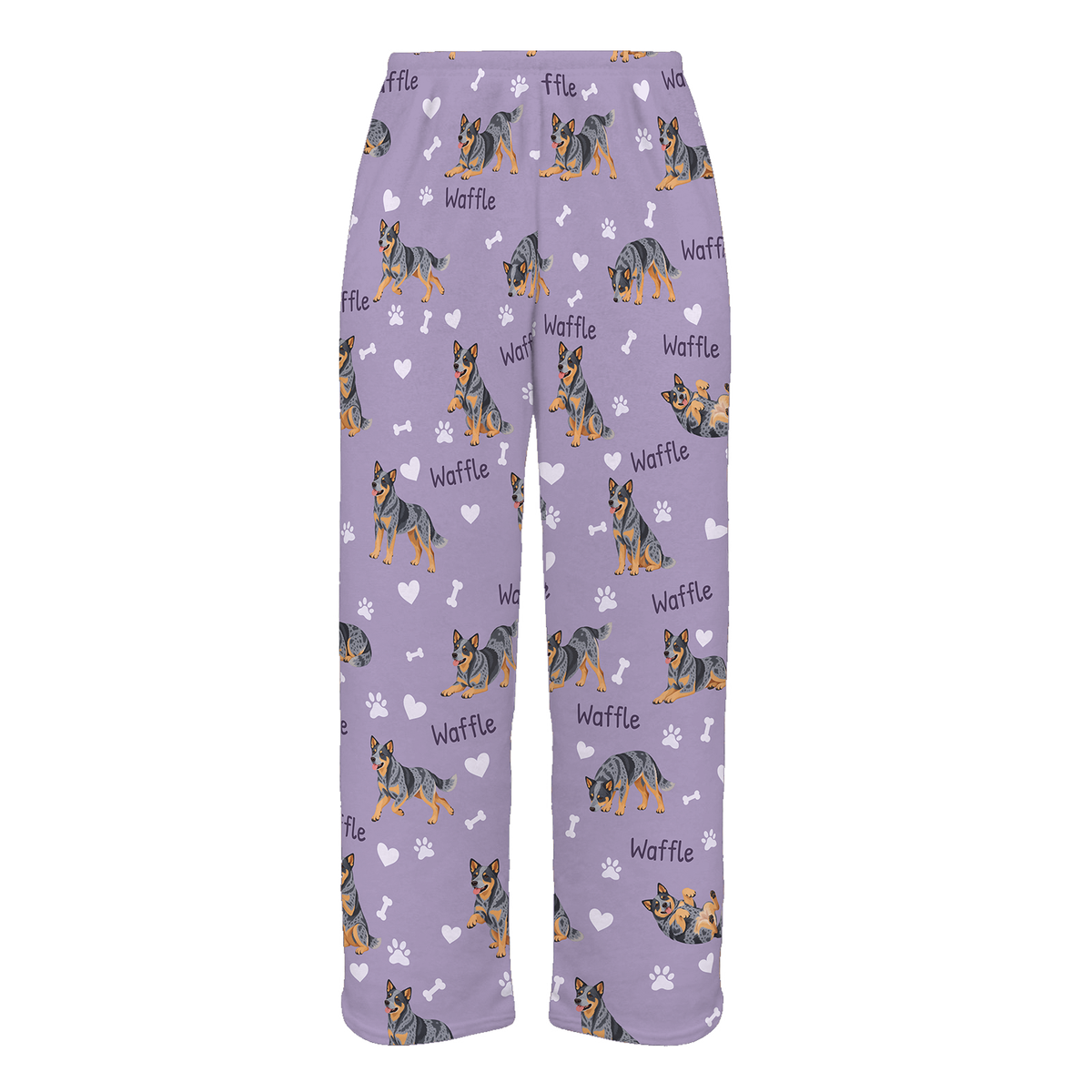 Personalized Australian Cattle Dog Pajama Pants, Custom Pet Name Fleece Trousers, Dog Lover Gift — Soft Lavender full-trouser mockup
