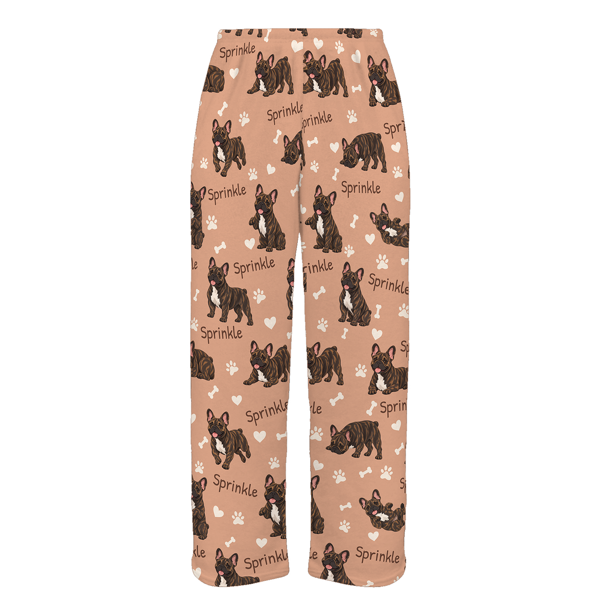 Personalized French Bulldog Brindle Pajama Pants, Custom Pet Name Fleece Trousers, Dog Lover Gift — Peach full-trouser mockup