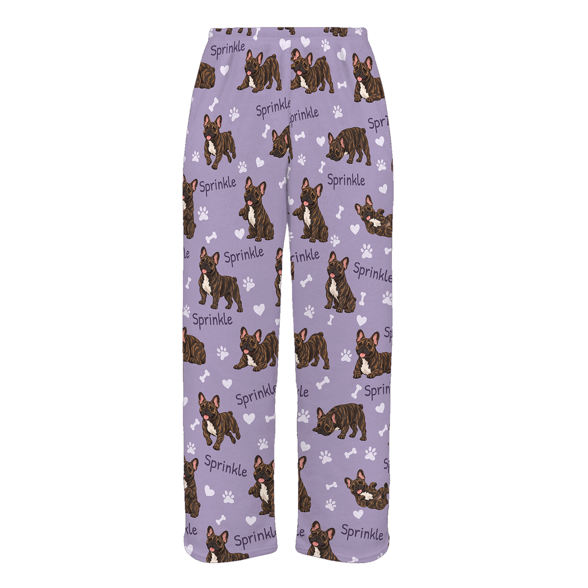 Personalized French Bulldog Brindle Pajama Pants, Custom Pet Name Fleece Trousers, Dog Lover Gift — Soft Lavender full-trouser mockup
