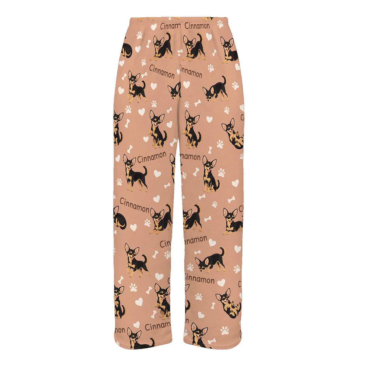 Personalized Chihuahua Black and Tan Pajama Pants, Custom Pet Name Fleece Trousers, Dog Lover Gift — Peach full-trouser mockup