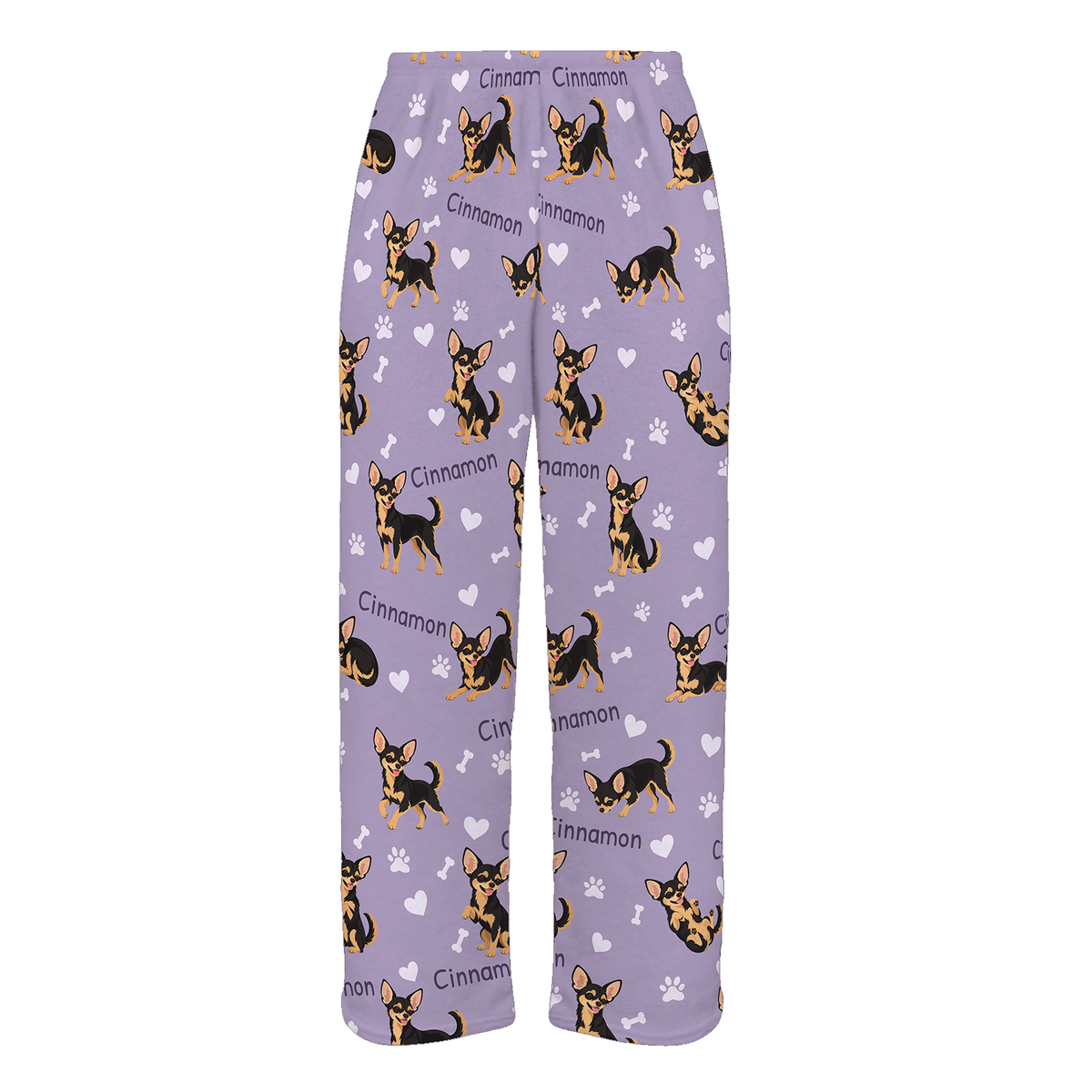 Personalized Chihuahua Black and Tan Pajama Pants, Custom Pet Name Fleece Trousers, Dog Lover Gift — Soft Lavender full-trouser mockup
