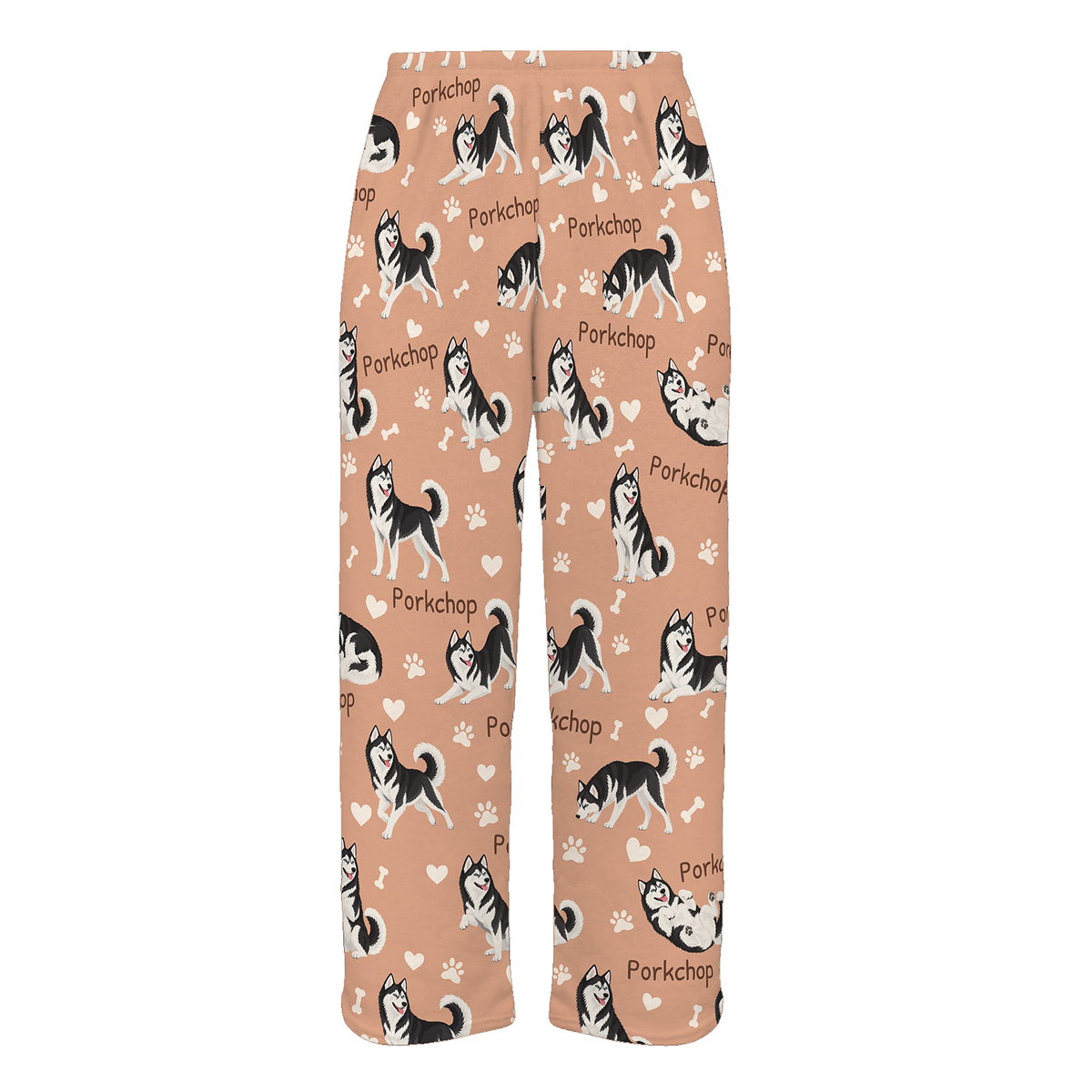 Personalized Siberian Husky Black and White Pajama Pants, Custom Pet Name Fleece Trousers, Dog Lover Gift — Peach full-trouser mockup