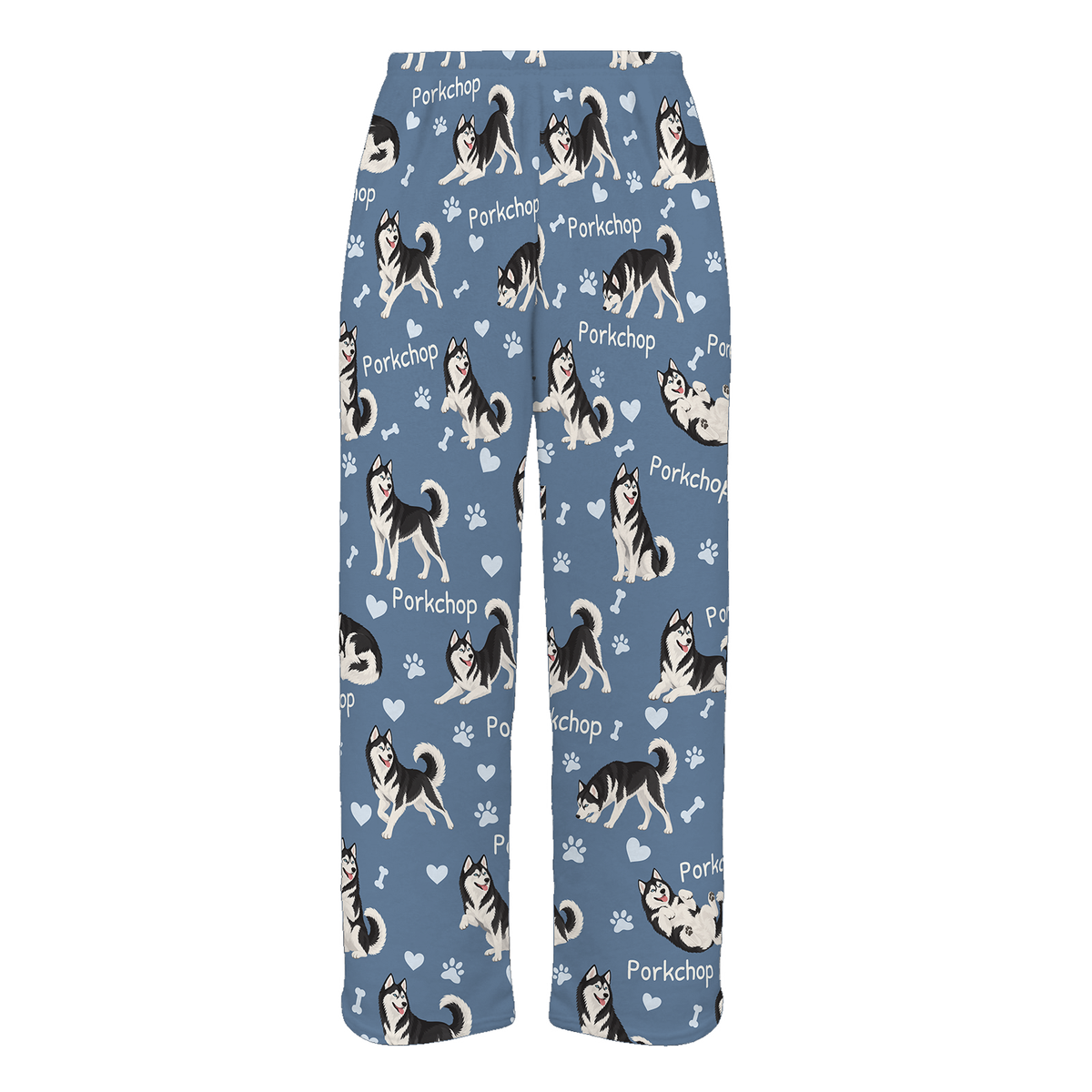 Personalized Siberian Husky Black and White Pajama Pants, Custom Pet Name Fleece Trousers, Dog Lover Gift — Slate Blue full-trouser mockup