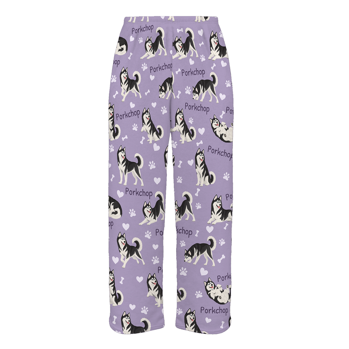 Personalized Siberian Husky Black and White Pajama Pants, Custom Pet Name Fleece Trousers, Dog Lover Gift — Soft Lavender full-trouser mockup