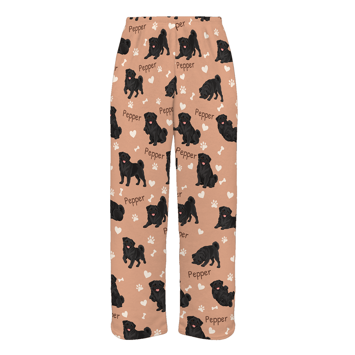 Personalized Pug Black Pajama Pants, Custom Pet Name Fleece Trousers, Dog Lover Gift — Peach full-trouser mockup
