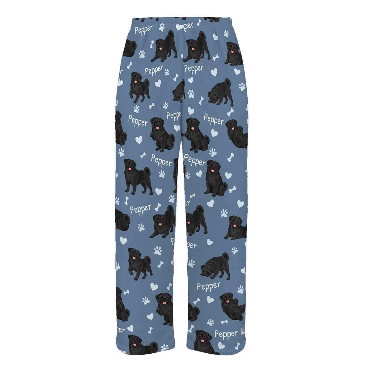 Personalized Pug Black Pajama Pants, Custom Pet Name Fleece Trousers, Dog Lover Gift — Slate Blue full-trouser mockup