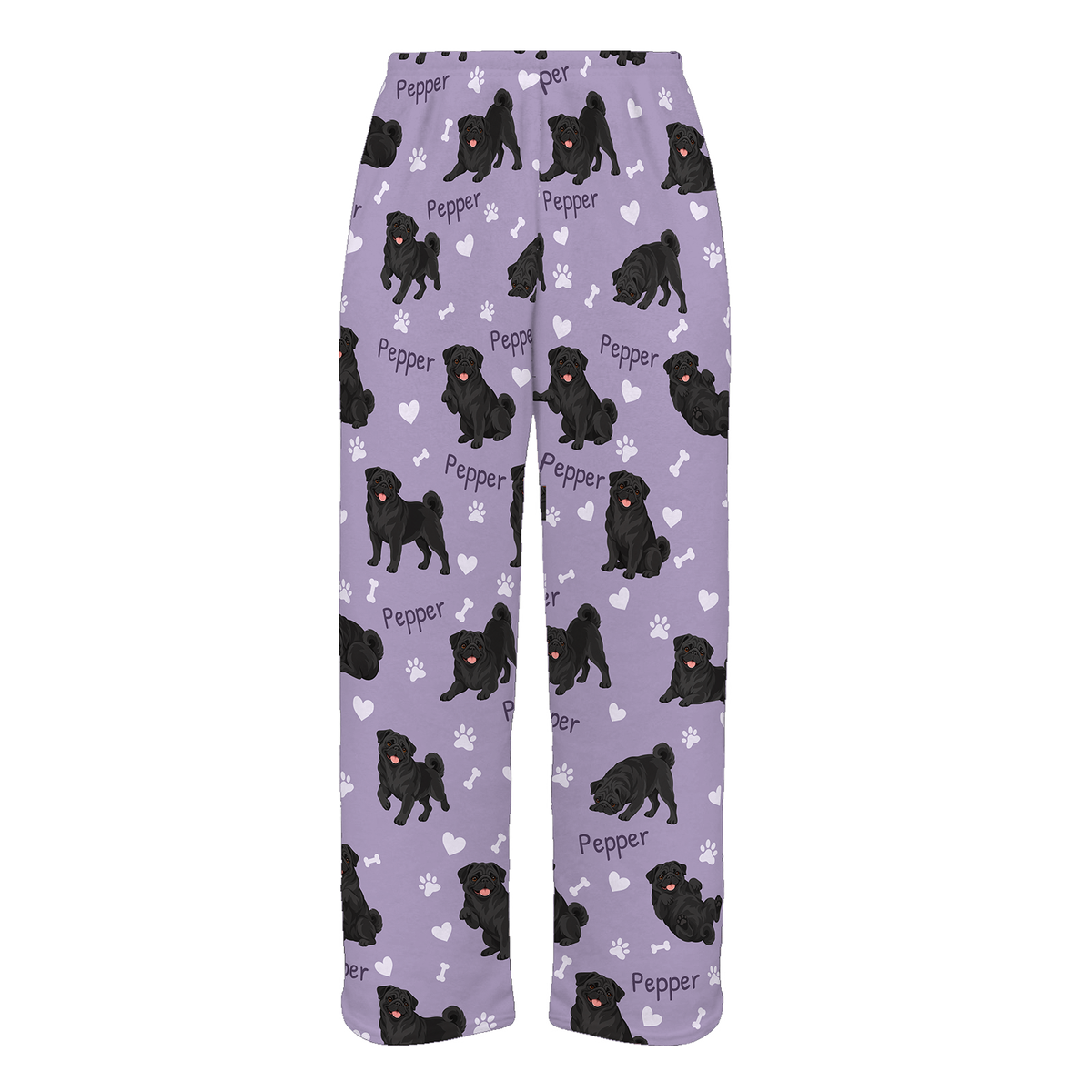Personalized Pug Black Pajama Pants, Custom Pet Name Fleece Trousers, Dog Lover Gift — Soft Lavender full-trouser mockup