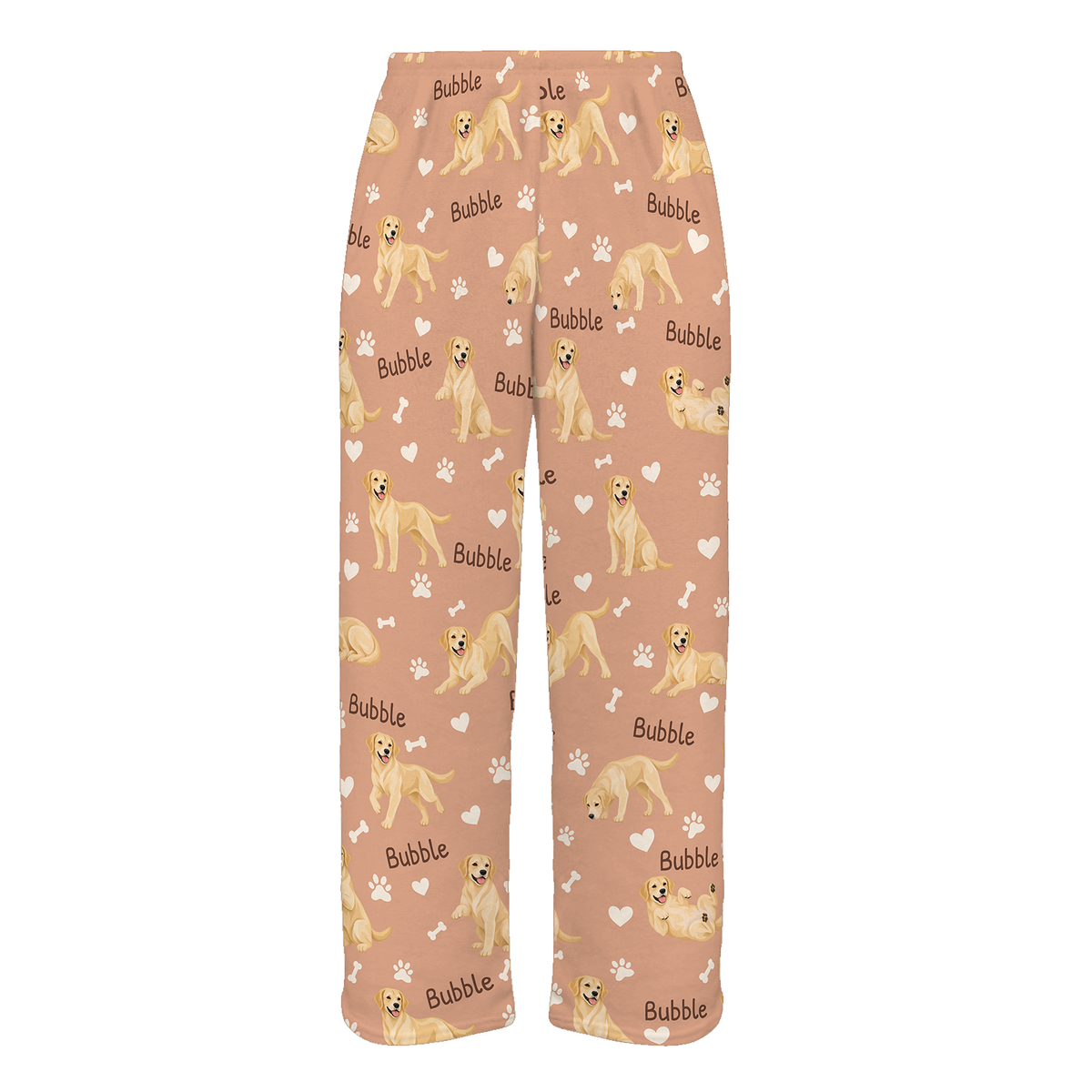 Personalized Labrador Retriever Yellow Pajama Pants, Custom Pet Name Fleece Trousers, Dog Lover Gift — Peach full-trouser mockup