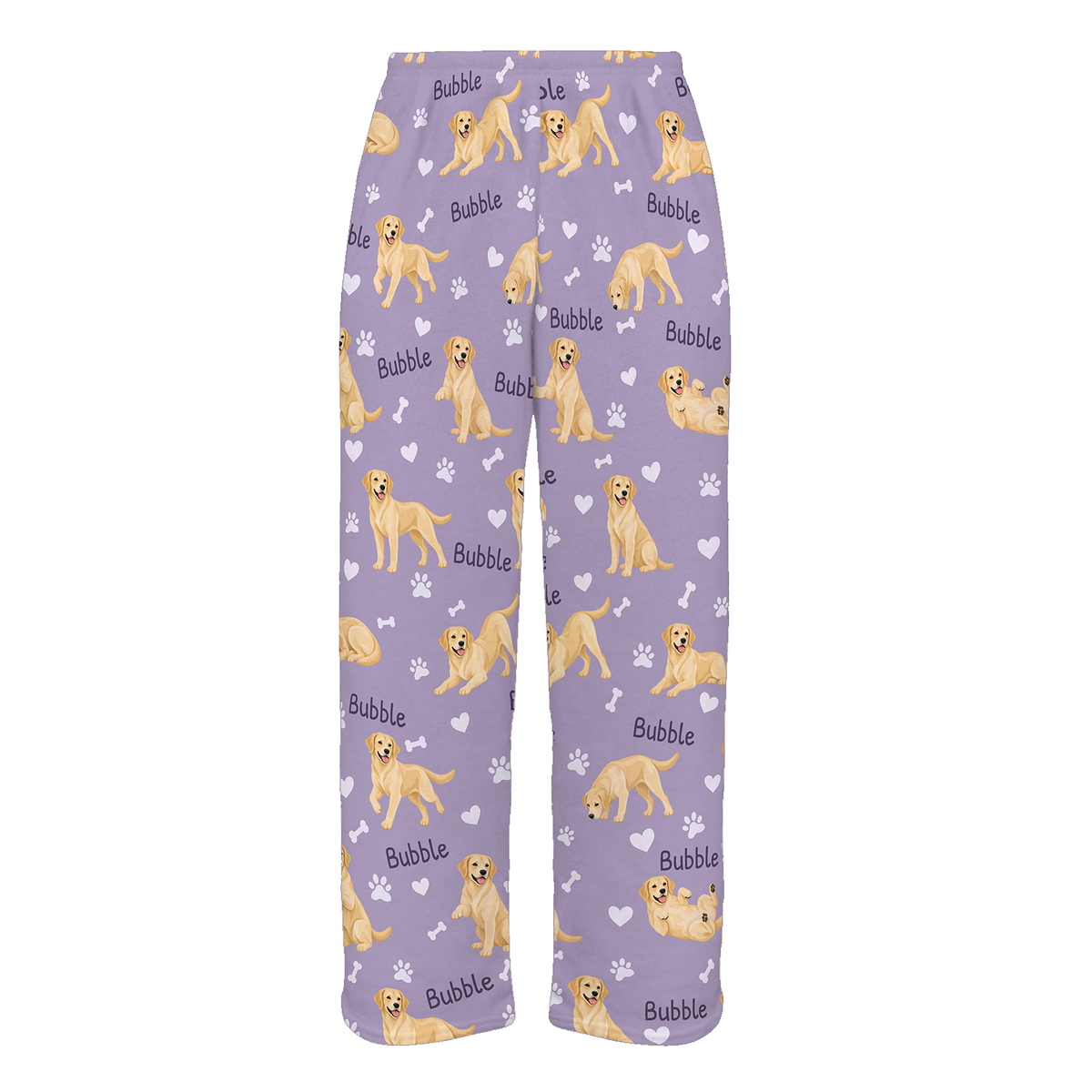 Personalized Labrador Retriever Yellow Pajama Pants, Custom Pet Name Fleece Trousers, Dog Lover Gift — Soft Lavender full-trouser mockup