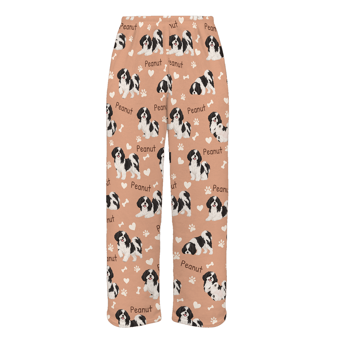 Personalized Shih Tzu Black and White Pajama Pants, Custom Pet Name Fleece Trousers, Dog Lover Gift — Peach full-trouser mockup
