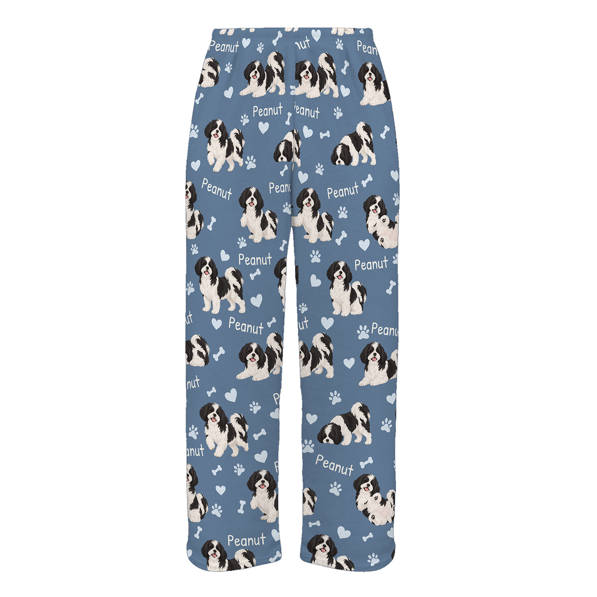 Personalized Shih Tzu Black and White Pajama Pants, Custom Pet Name Fleece Trousers, Dog Lover Gift — Slate Blue full-trouser mockup