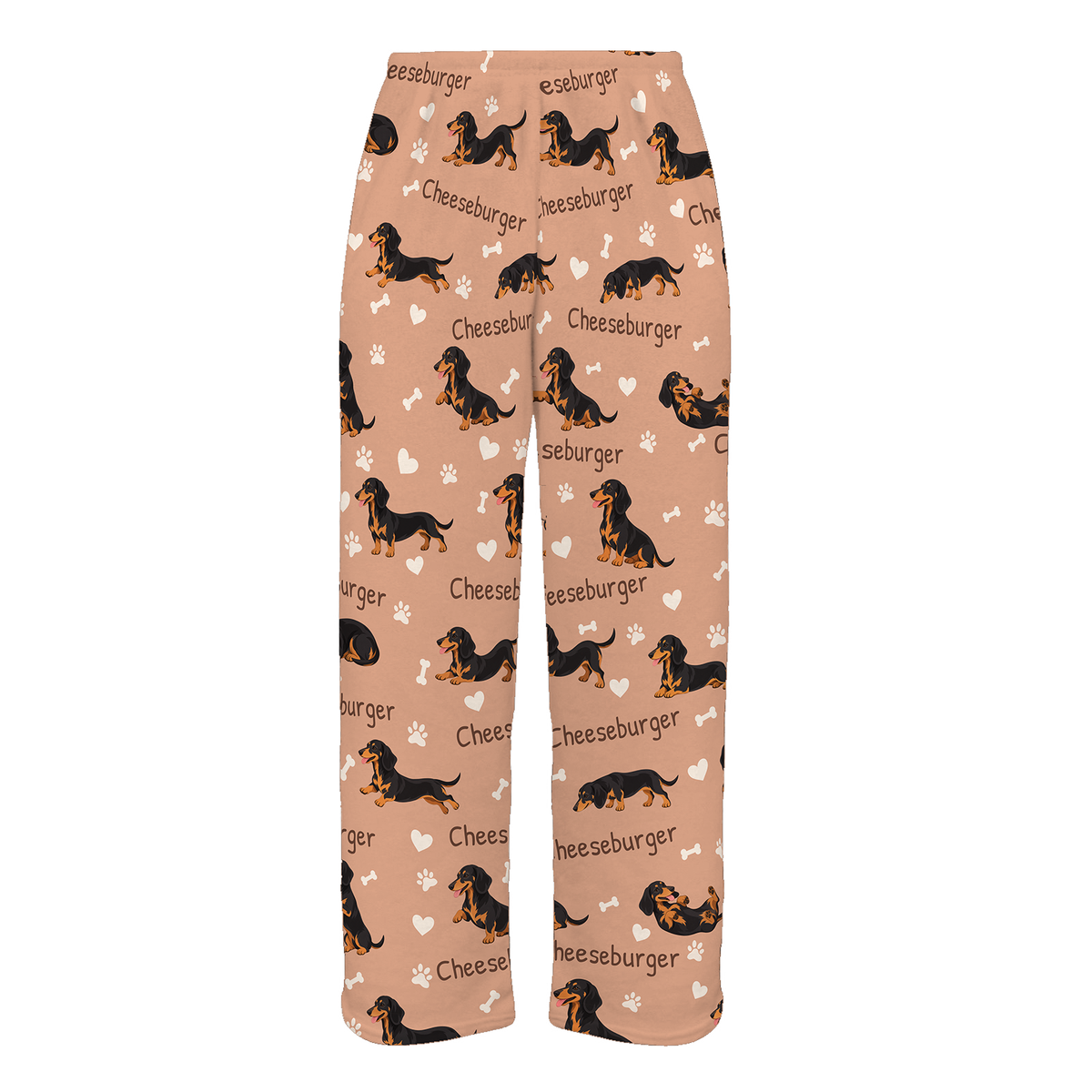 Personalized Dachshund Black and Tan Pajama Pants, Custom Pet Name Fleece Trousers, Dog Lover Gift — Peach full-trouser mockup