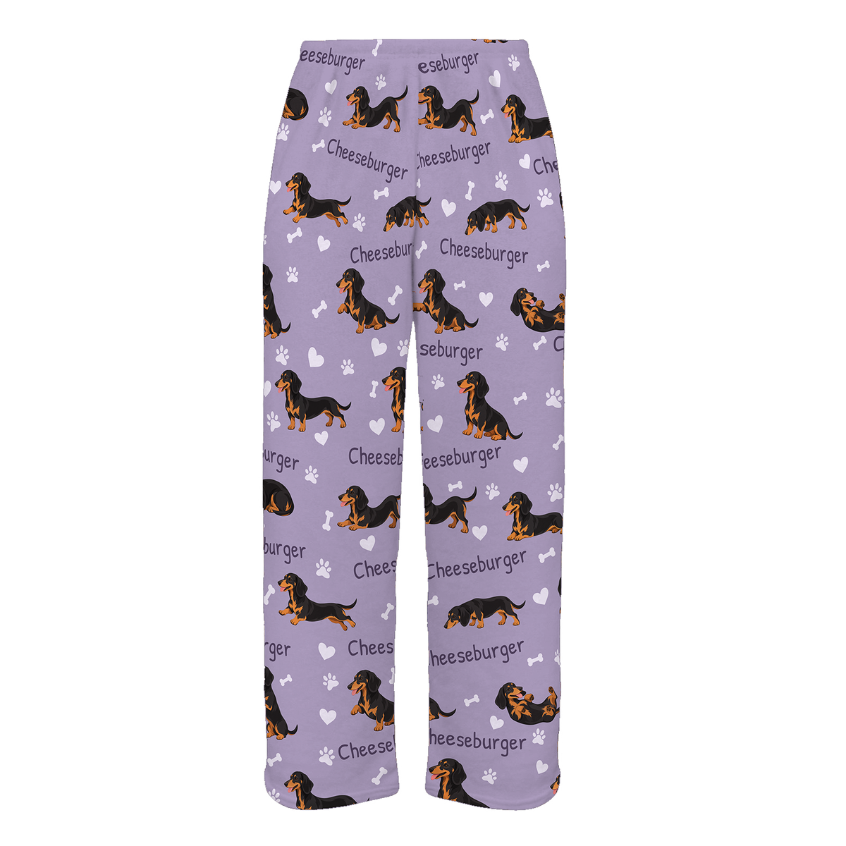 Personalized Dachshund Black and Tan Pajama Pants, Custom Pet Name Fleece Trousers, Dog Lover Gift — Soft Lavender full-trouser mockup