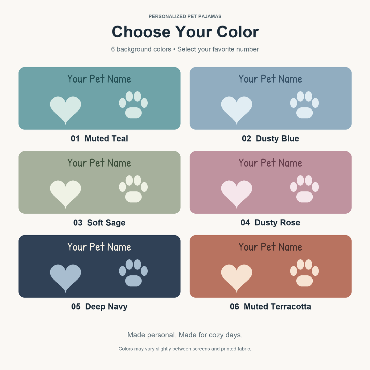Six background color choices for personalized pajama pants