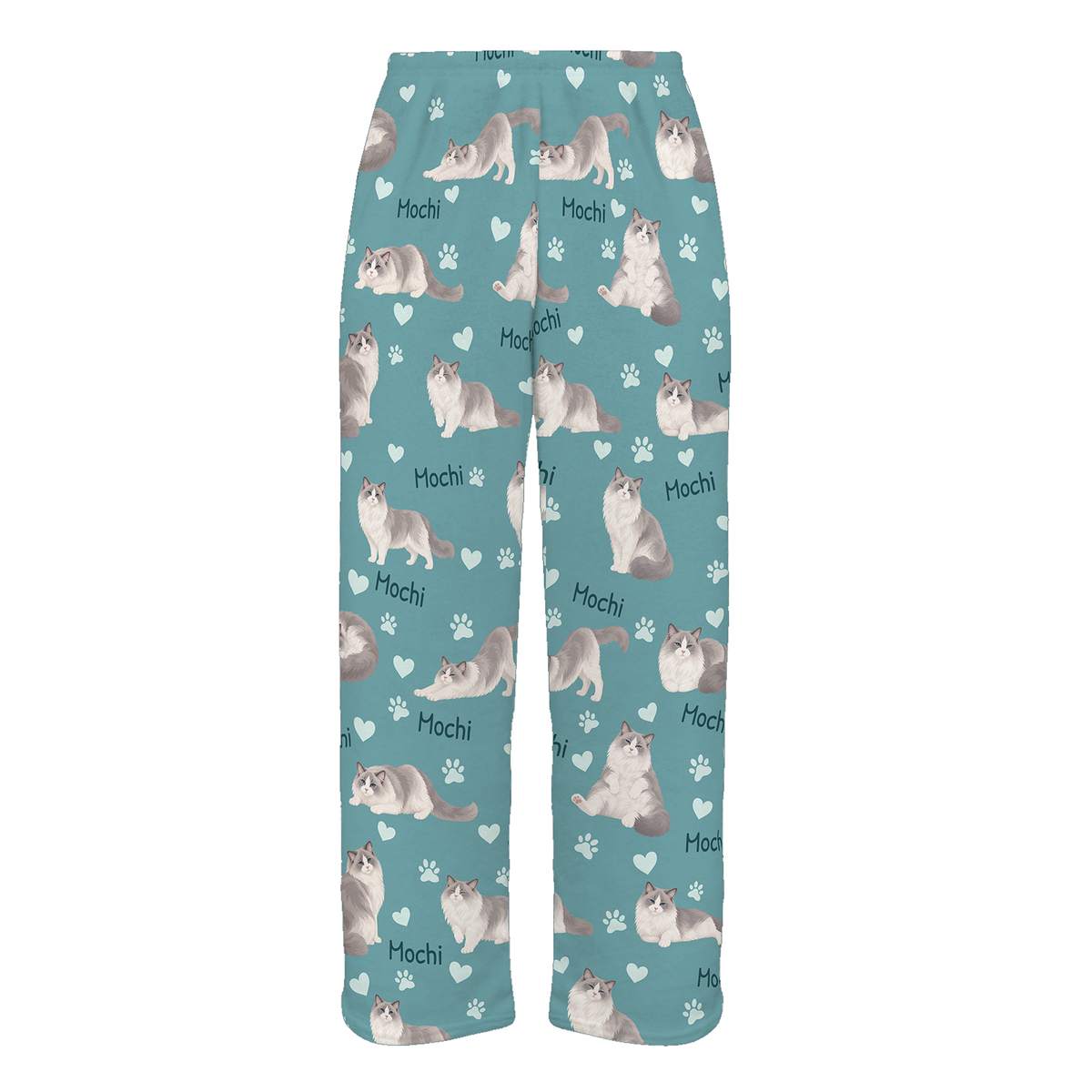 Personalized Ragdoll Cat Pajama Pants, Custom Pet Name Fleece Trousers, Cat Lover Gift — 01 Muted Teal — full-trouser view